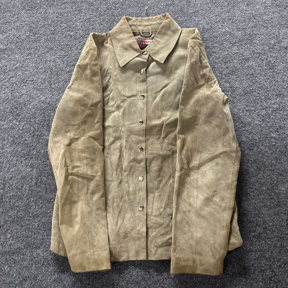 Live a Little Jacket Womens Size M Tan Leather Suede Snap Front Collared Solid